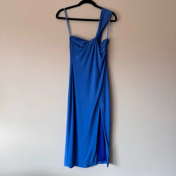 BCBGMaxAzria One Shoulder Midi Dress Blue Asymmetrical Cocktail Dress NWT Sz 2 - Picture 4 of 13